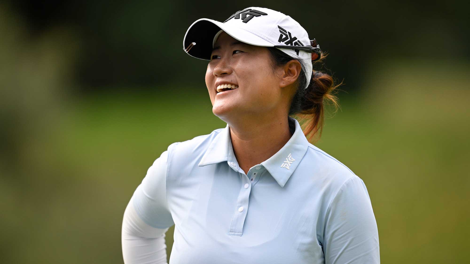 Gina Kim of the United States reacts on the 13th green during the first round of The Standard Portland Classic 2025 at Columbia Edgewater Country Club on August 14, 2025 in Portland, Oregon.